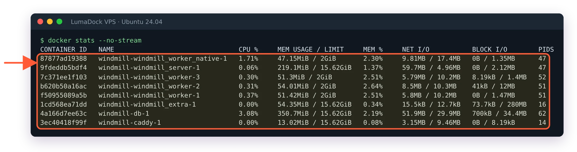 docker stats during a burst of jobs: workers 47 to 54 MiB of a 2 GiB limit, db 351 MiB, server 219 MiB, caddy 13 MiB