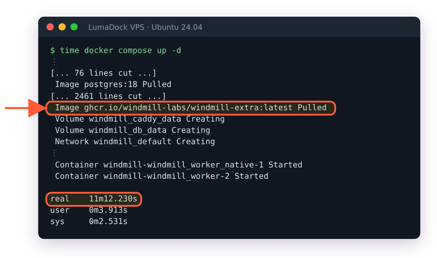 time docker compose up -d: images pulled and all containers started after real 11m12s
