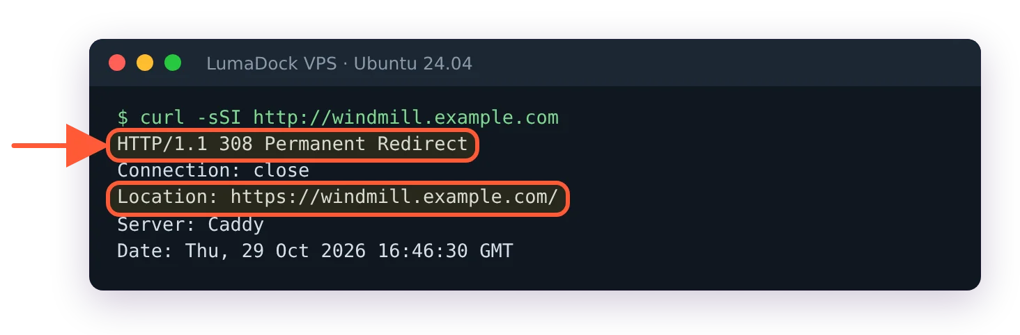 curl -I to the http address returns HTTP/1.1 308 Permanent Redirect with a Location header pointing at https