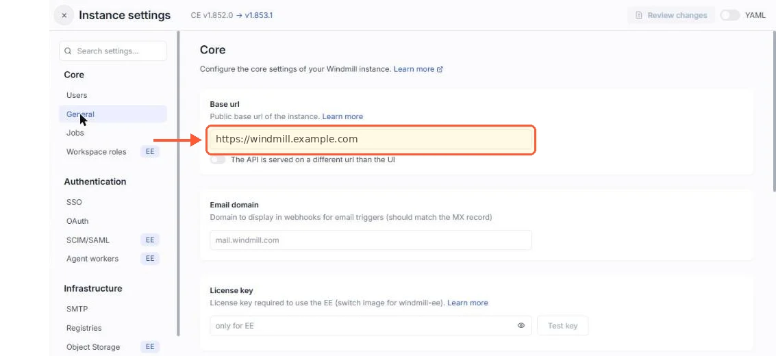 Instance settings, Core: Base url set to https://windmill.example.com