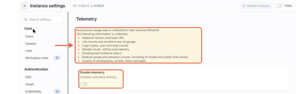 Instance settings Telemetry: list of anonymous usage data collected, and the Disable telemetry switch