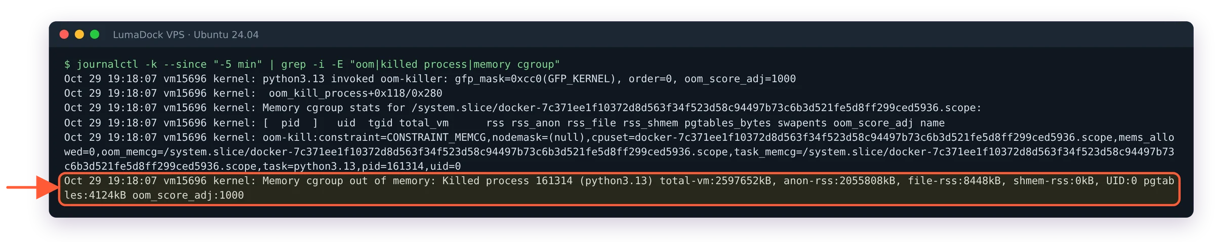 kernel log: Memory cgroup out of memory: Killed process (python3.13) with anon-rss about 2 GB, oom_score_adj 1000