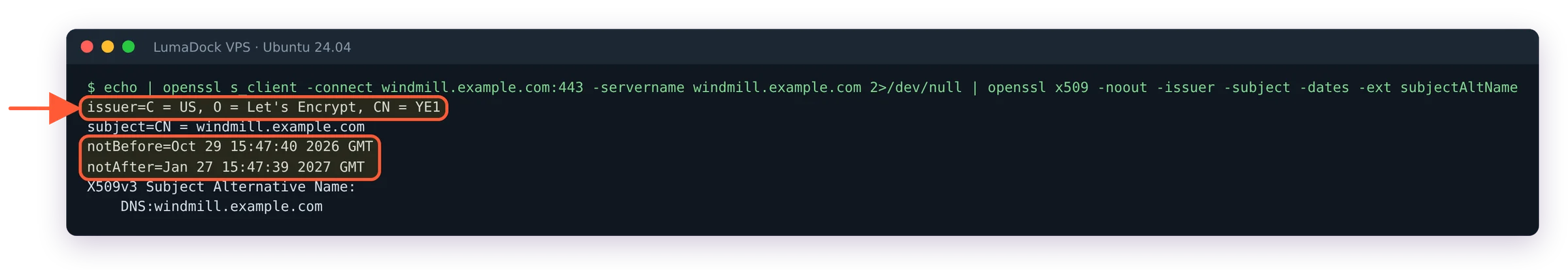 openssl x509 shows issuer Let's Encrypt CN YE1, notBefore Oct 29 2026, notAfter Jan 27 2027