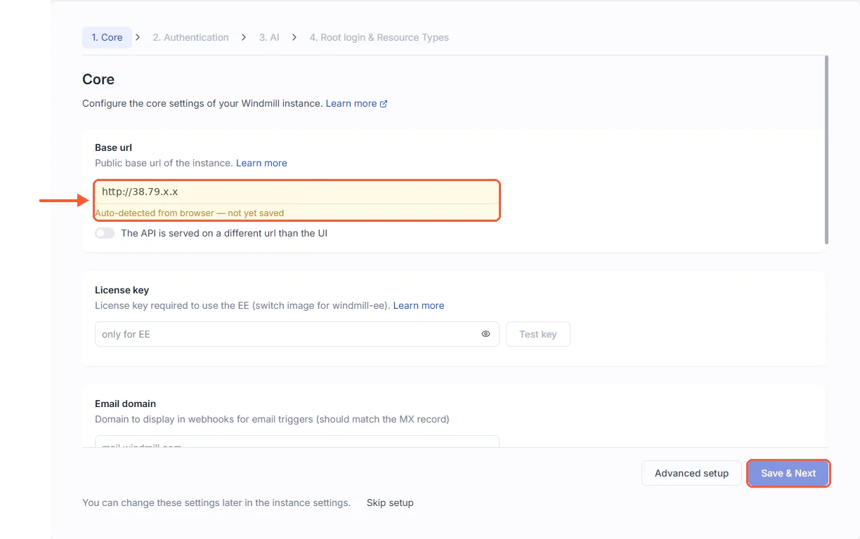 Quick setup step 1 Core: Base url http://38.79.x.x marked Auto-detected from browser, not yet saved