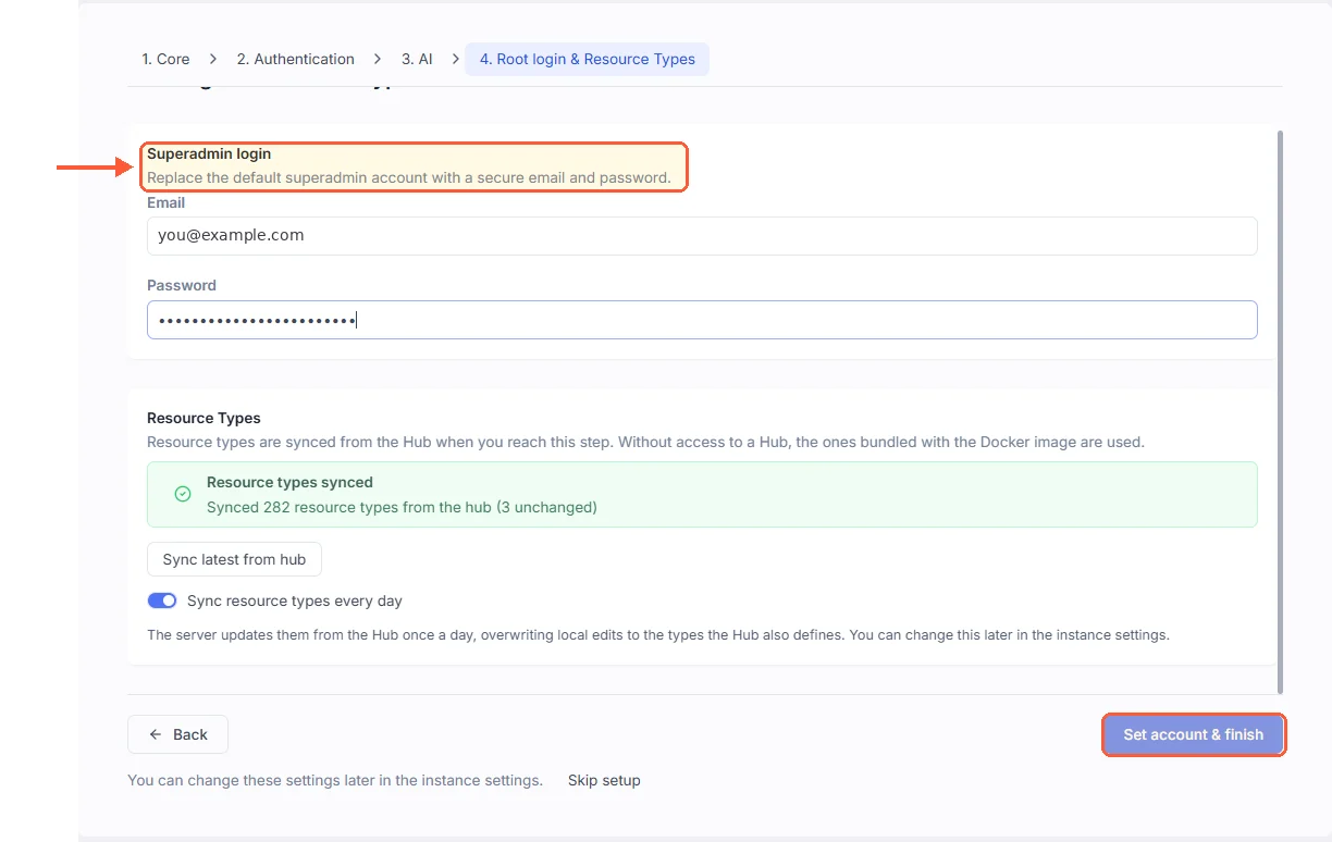 Quick setup step 4, Superadmin login: replace the default superadmin account, then Set account & finish