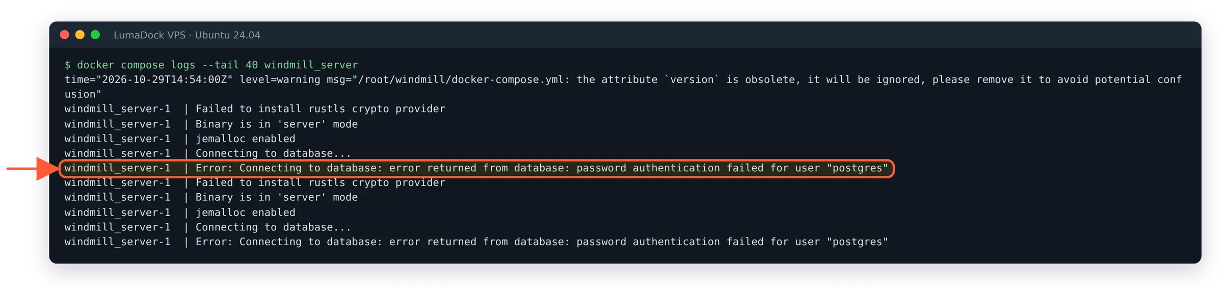 windmill_server log repeats Error: Connecting to database: password authentication failed for user postgres