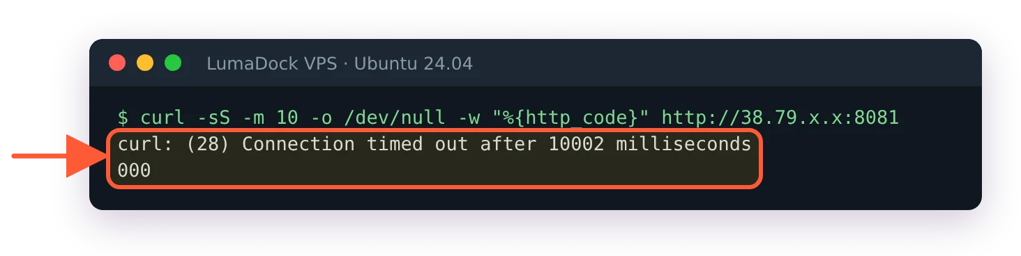 curl to a plain web server on port 8081 with no ufw rule times out after 10 seconds