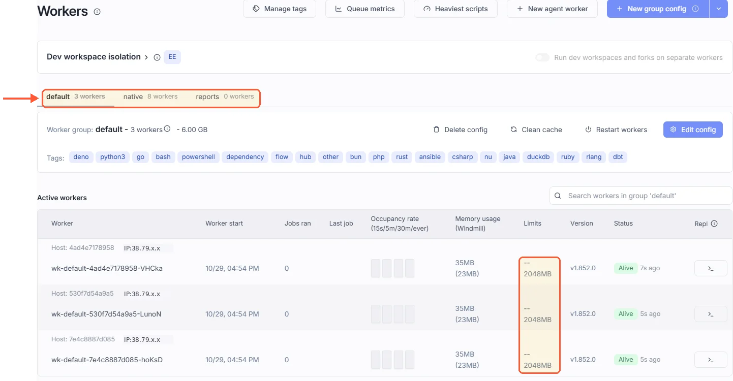 Workers page: default 3 workers, native 8, reports 0; each default worker 35MB with a 2048MB limit