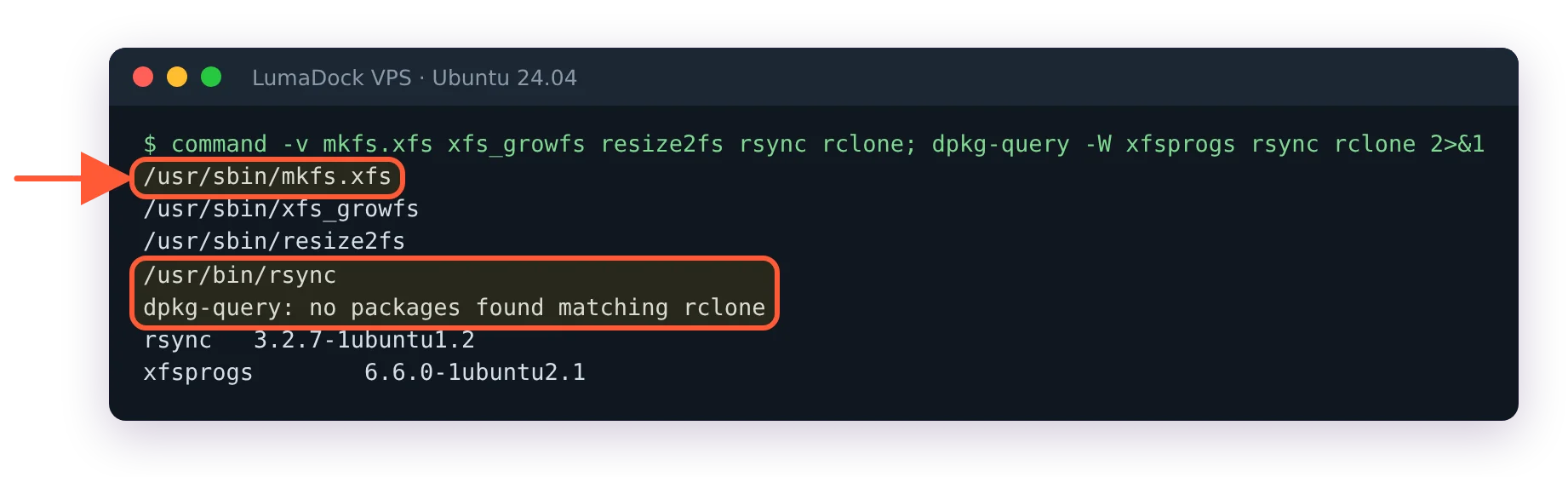 Ubuntu 24.04 ships mkfs.xfs and rsync 3.2.7; dpkg-query finds no rclone package