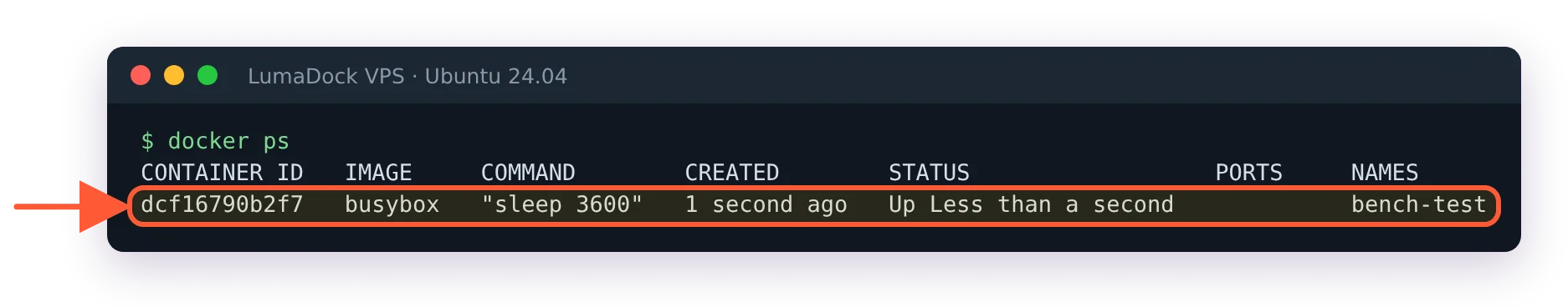 docker ps lists one running busybox container