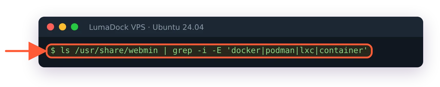 Searching /usr/share/webmin for docker, podman, lxc or container returns nothing