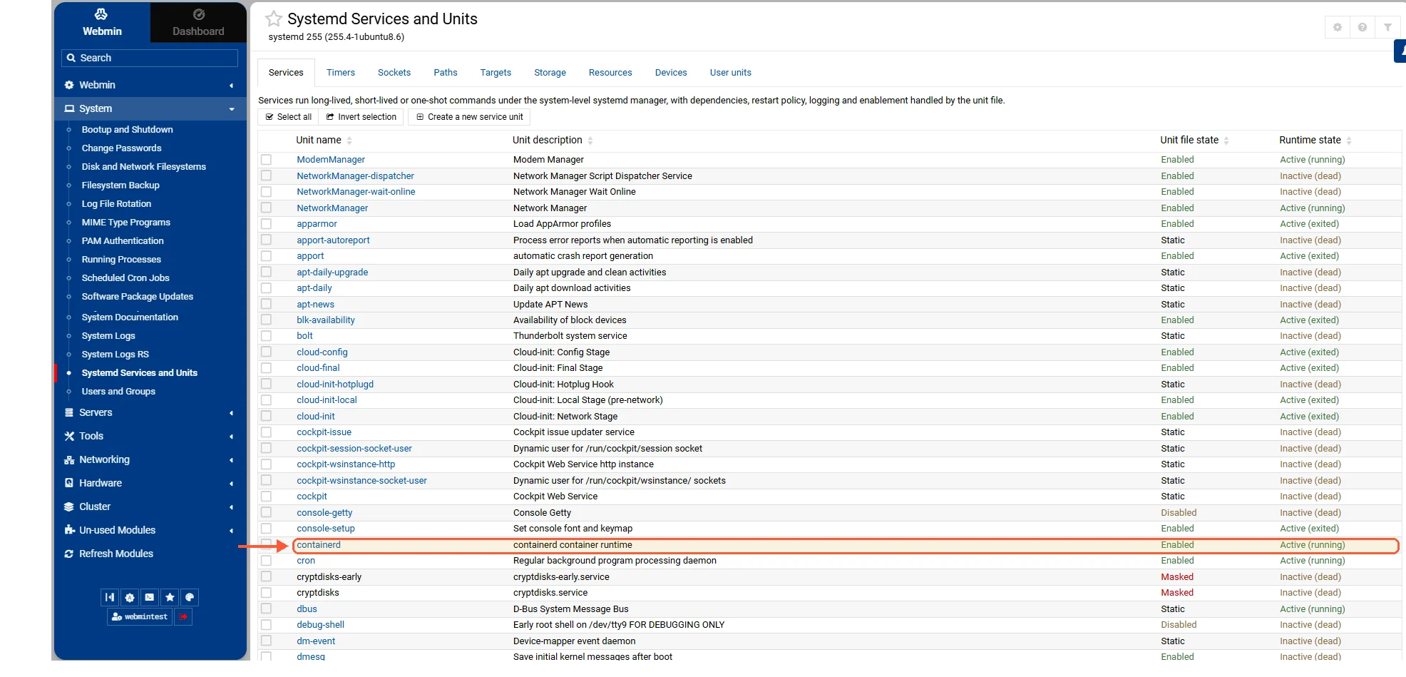 Webmin Systemd Services and Units list with the containerd unit, listed without the .service suffix