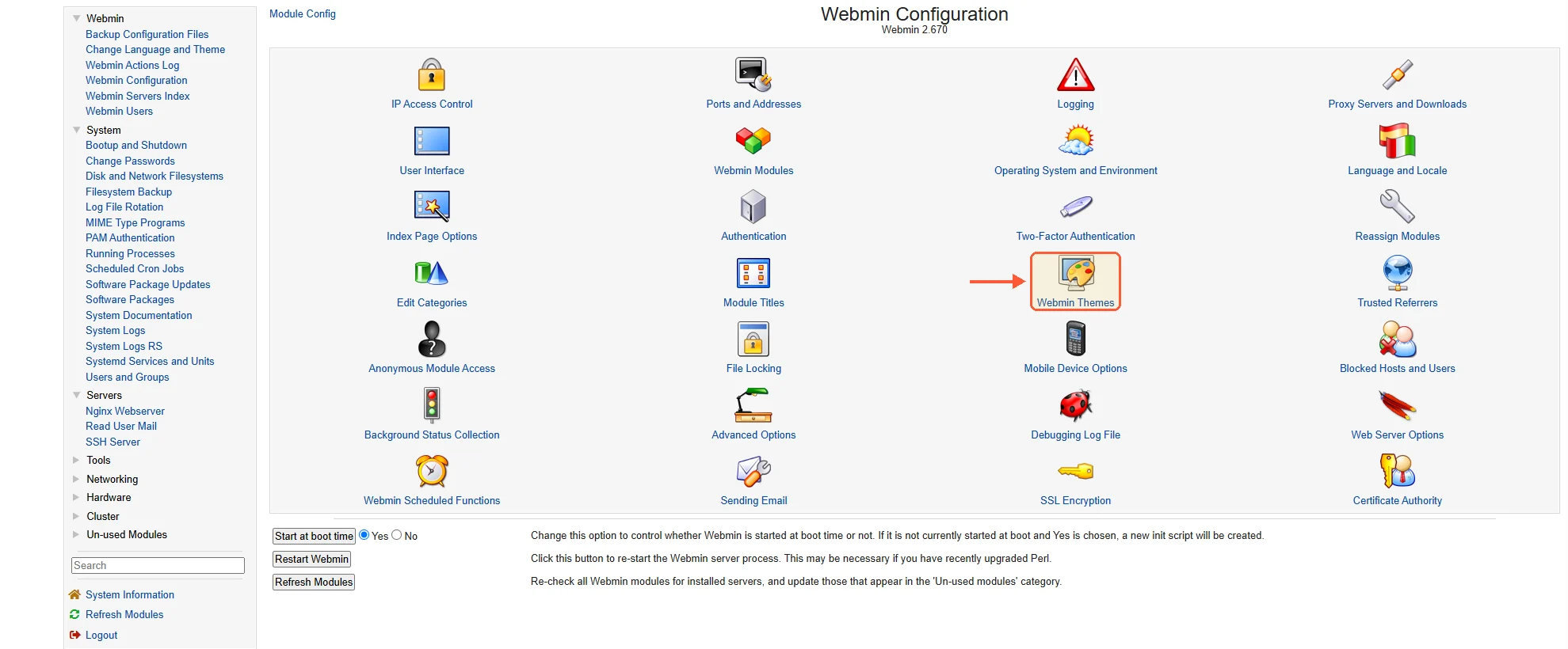 Webmin Configuration page in the Framed theme: icon grid with a frames-based menu on the left