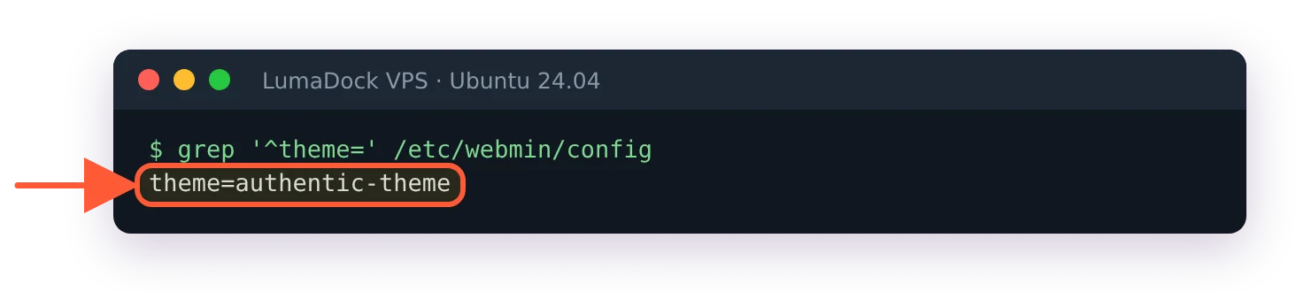 grep theme= in /etc/webmin/config prints theme=authentic-theme on a fresh install