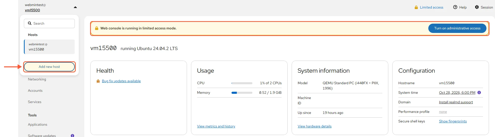Cockpit overview on Ubuntu 24.04 with Add new host in the hosts menu and a limited access mode banner