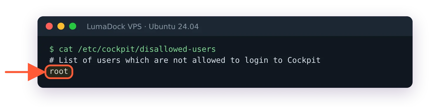 /etc/cockpit/disallowed-users lists root, so Cockpit refuses root logins