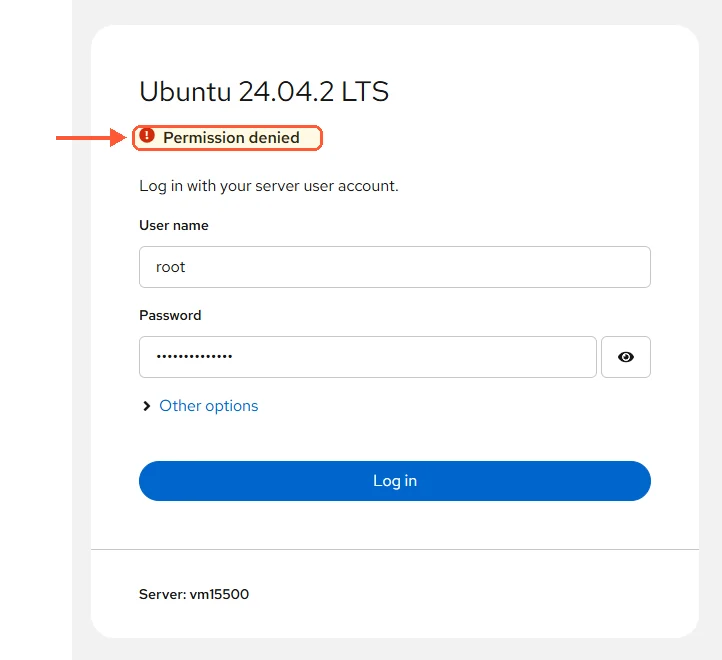 Cockpit login on Ubuntu 24.04.2 LTS with user root and the error Permission denied