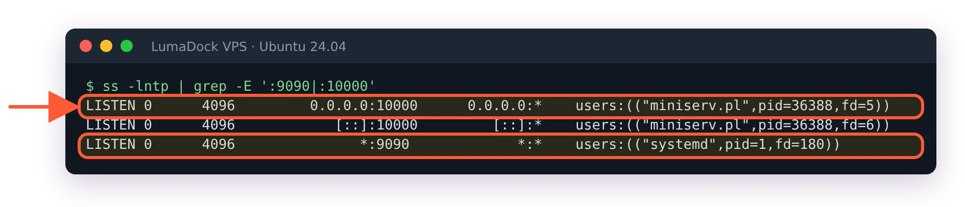 ss -lntp: miniserv.pl listening on 10000 and systemd holding Cockpit's socket on 9090