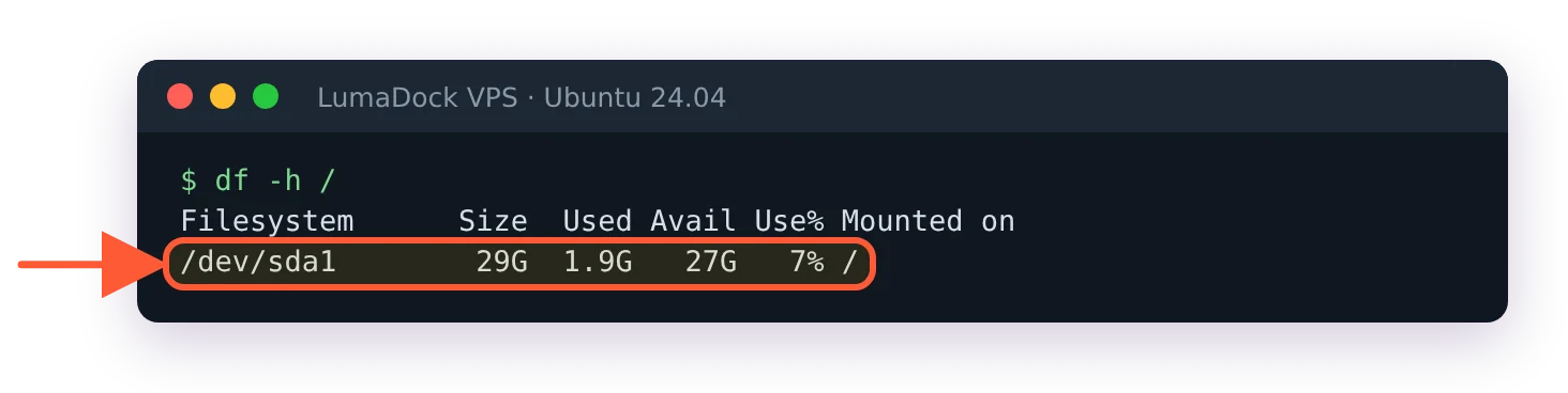 df -h / on a new VPS: /dev/sda1 29G, the root filesystem already grown to the full disk